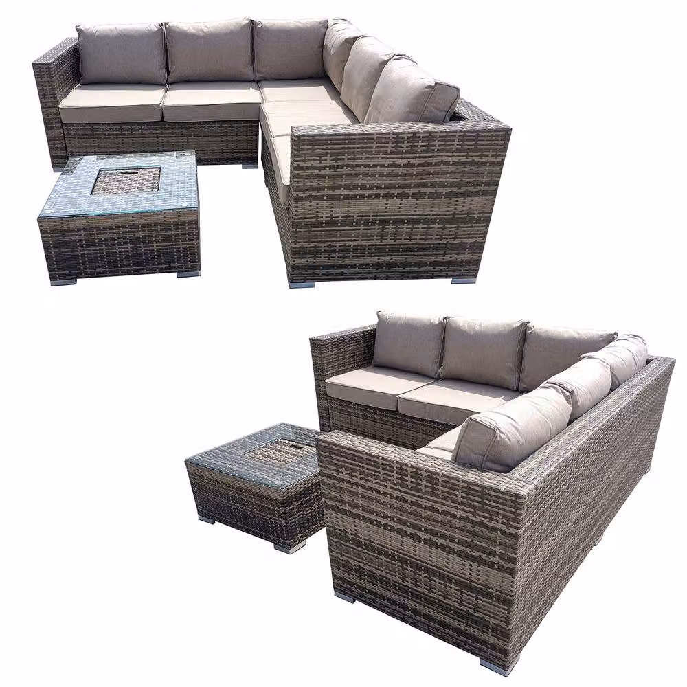 FURNITURE ONE 5 Seater Brown Rattan L-Shape Corner Patio Sofa Set with Outdoor Coffee Table and Upholstered Cushions – 2