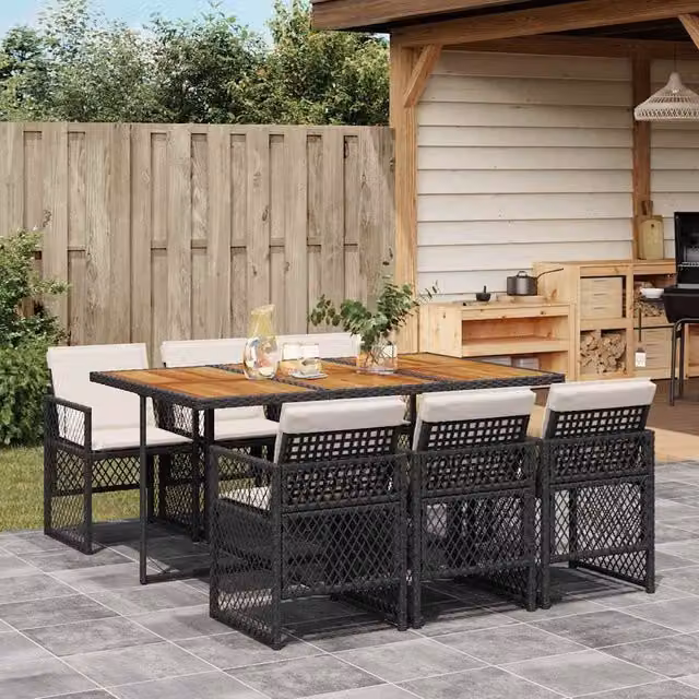 Berkfield Home 7 Piece Black Poly Rattan Garden Dining Set with Cushions
