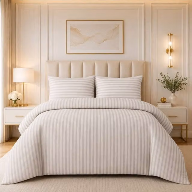Grace Embossed Satin Stripe Microfibre Duvet Cover Set in Beige, Single (90 x 200 cm)