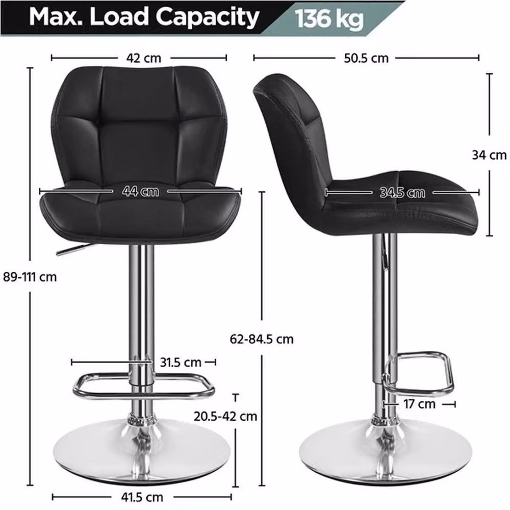 KORVIXA Faux Leather Adjustable Swivel Bar Stool in Black, W/D/H: 100 x 100 x 100 cm – 2