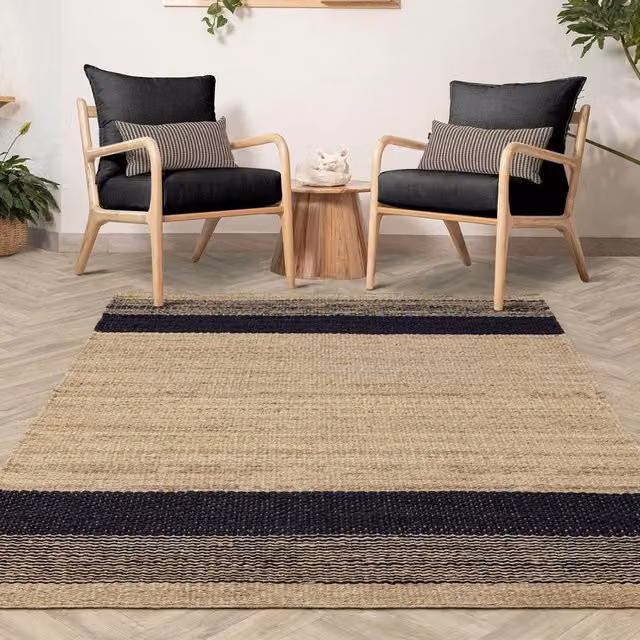 The Rug Shop UK Handmade Modern Plain Jute Striped Easy To Clean Area Rug in Charcoal, W/D: 200 x 300 cm