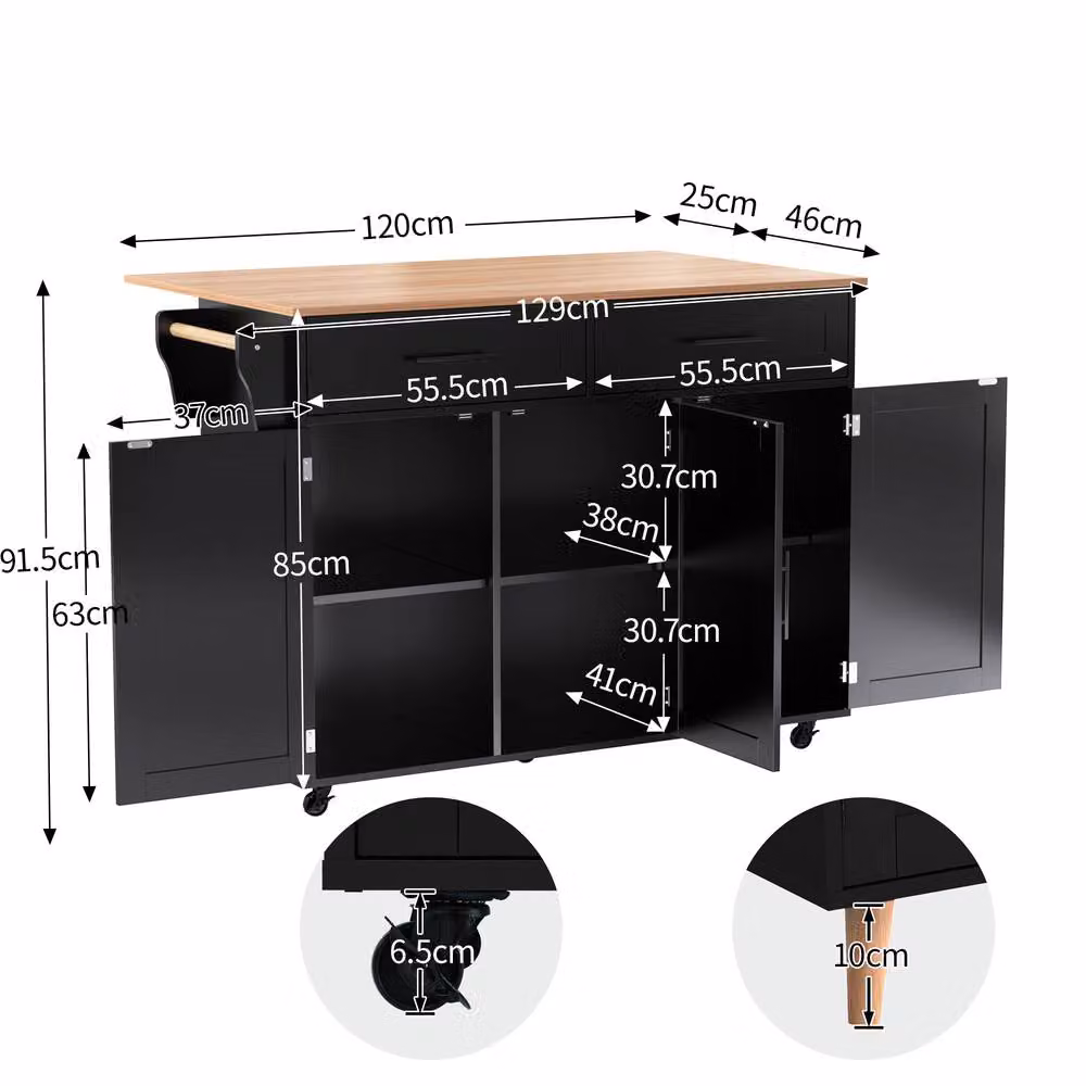 Matteo Kitchen Island with Foldable Top, Adjustable Shelves and Wheels in Black – 2