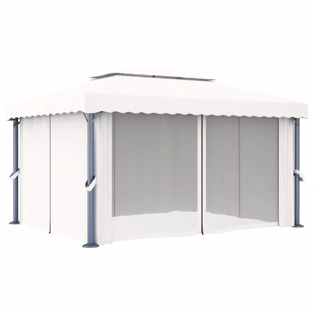 Berkfield Home Gazebo with Curtains and LED String Lights, Cream White and Beige, W: 4 m, D: 3 m