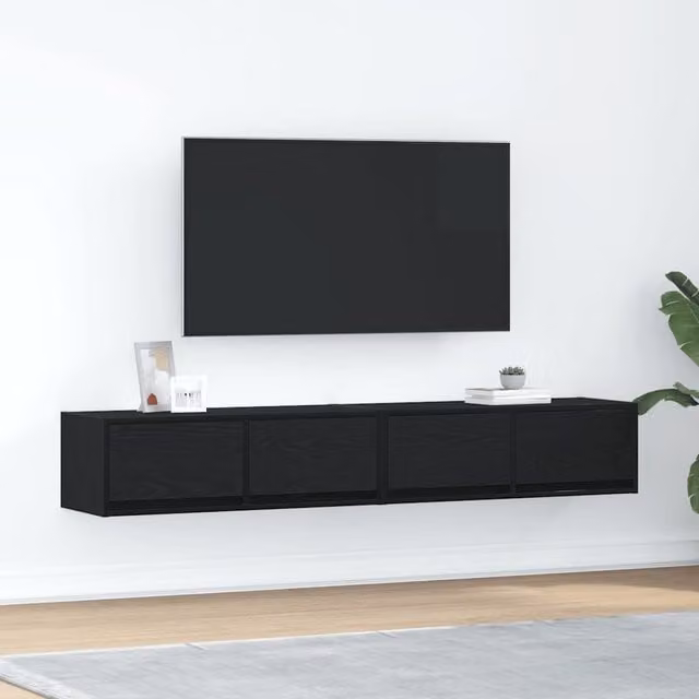Berkfield Home Set of 2 Modern Black Oak Wall Mounted TV Cabinets, W/D/H: 80 x 31 x 25.5 cm