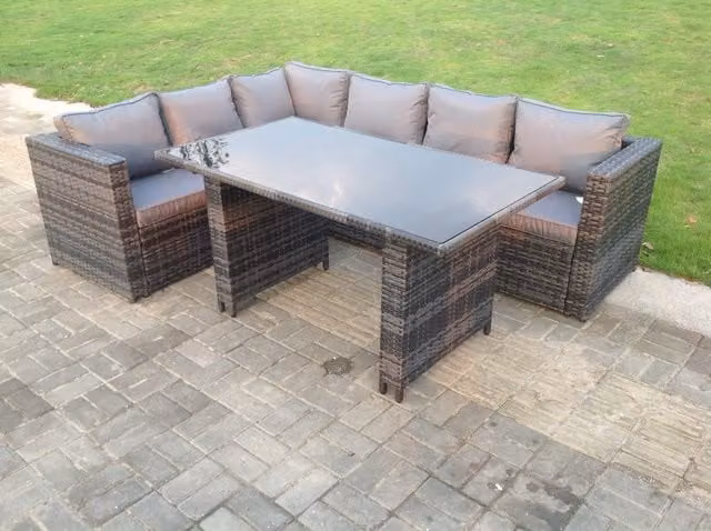Fimous Lounge Rattan Corner Sofa Set and Rectangular Dining Table with Chairs in Dark Grey
