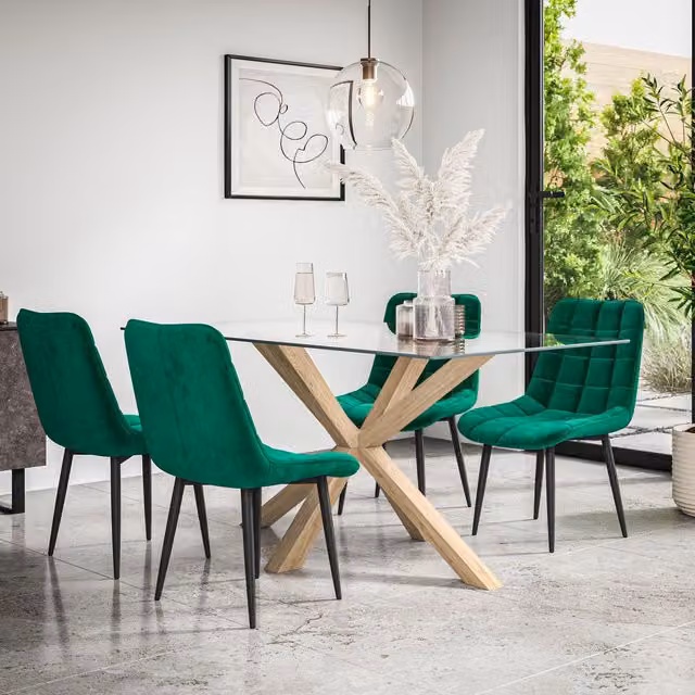 More4Homes Etta Glass Dining Table with Solid Oak Legs and 6 Nova Green Velvet Dining Chairs