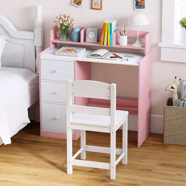 VOGREX Wooden Kids Study Desk, Chair and Shelf Set in Pink