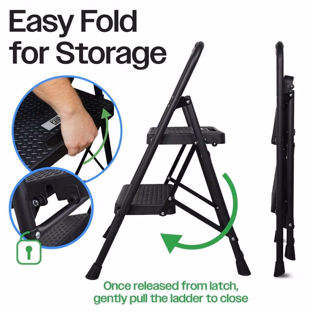 NESTLUNE 2 Step Folding Ladder in Black, Durable Steel with Non-Slip Rubber Feet, W: 40 cm, H: 100 cm – 6