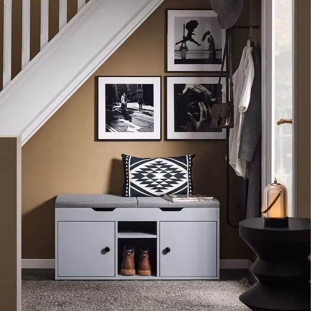 SoBuy Grey Shoe Storage Bench with 2 Folding Padded Fabric Seats and Adjustable Shelf
