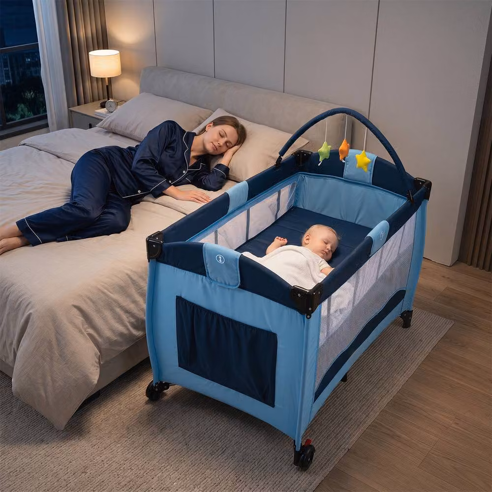 Gymax Folding Playpen in Blue with Diaper Changing Table, 2 Lockable Wheels and 3 Hanging Toys – 4