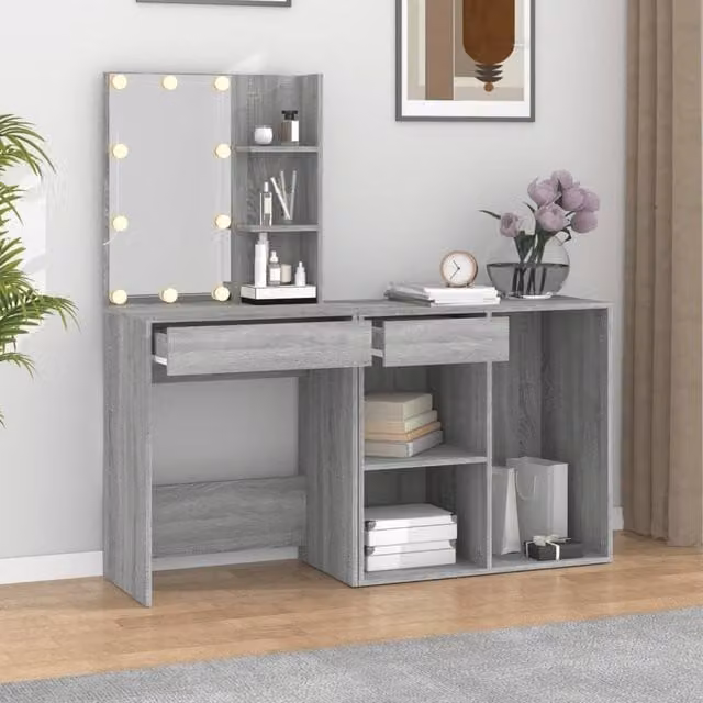 Berkfield Home LED Hollywood Dressing Table with Cabinet in Grey Sonoma, W/D/H: 140 x 40 x 60 cm – 1