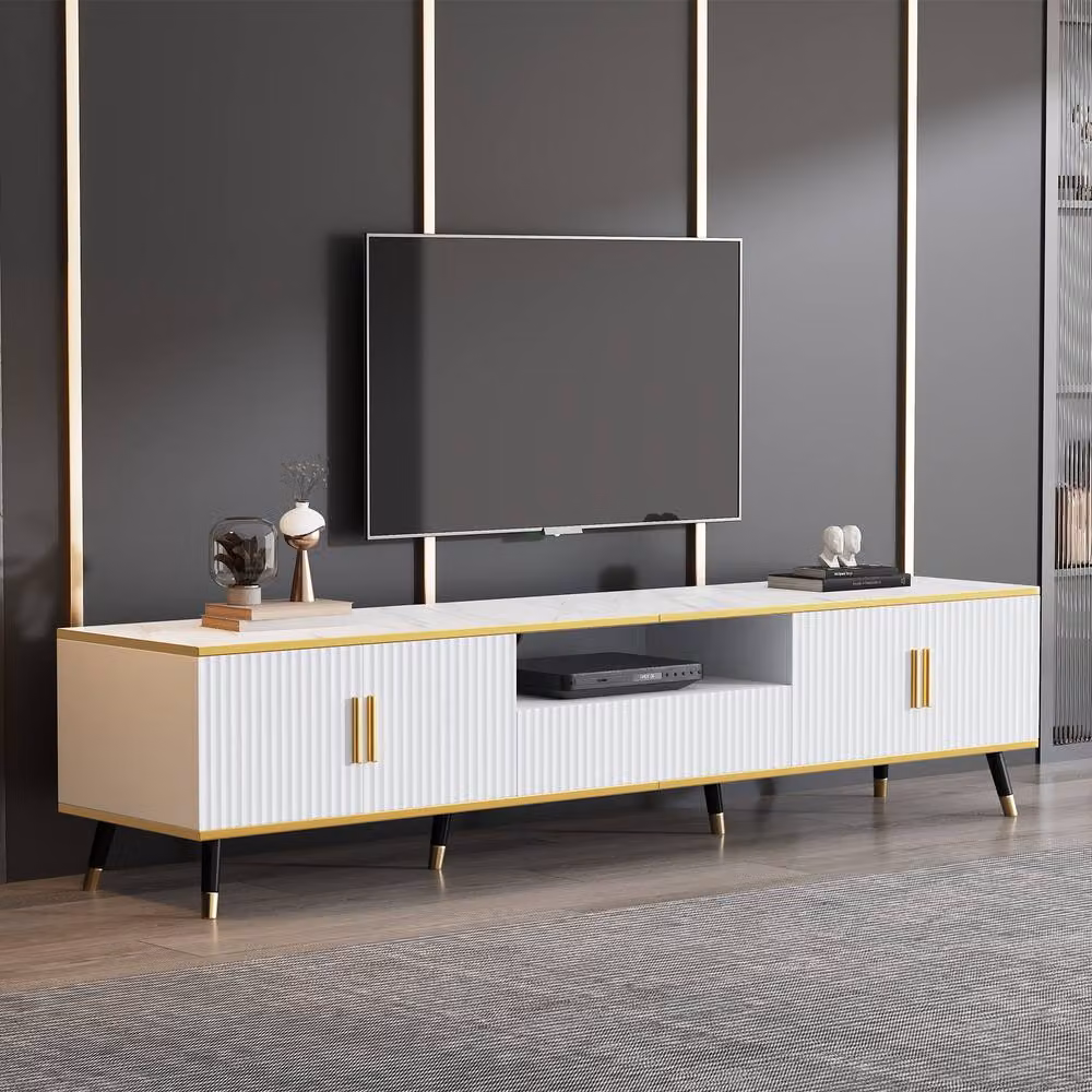 Merax Modern White and Gold Media Console TV Stand with Marble Effect Top and Soft Close Drawers, W: 200 cm, D: 40 cm, H: 46 cm – 3