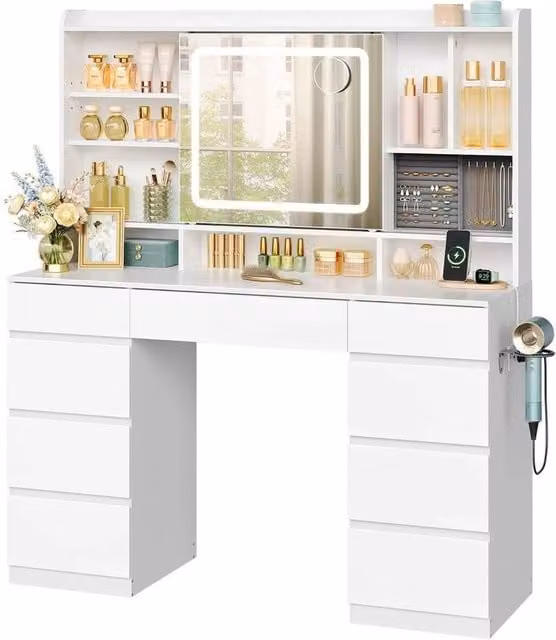FORGEVIO Modern White Glossy Dressing Table with Sliding Mirror