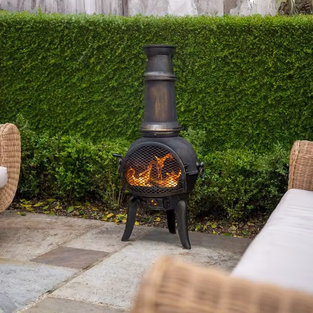 Monster Shop Cast Iron Chiminea Outdoor Patio Heater in Bronze Effect with Rain Cover and Poker, H 110 cm x W 50 cm x D 50 cm