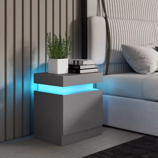 FORGEVIO Grey Bedside Table with High Gloss Front and Integrated Lighting