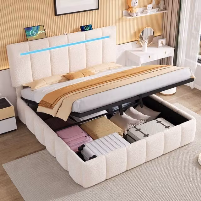Matteo Double Upholstered Bed Frame with Hydraulic Storage in Beige Bouclé Fabric, W/D/H: 140 x 200 x 116 cm – 1