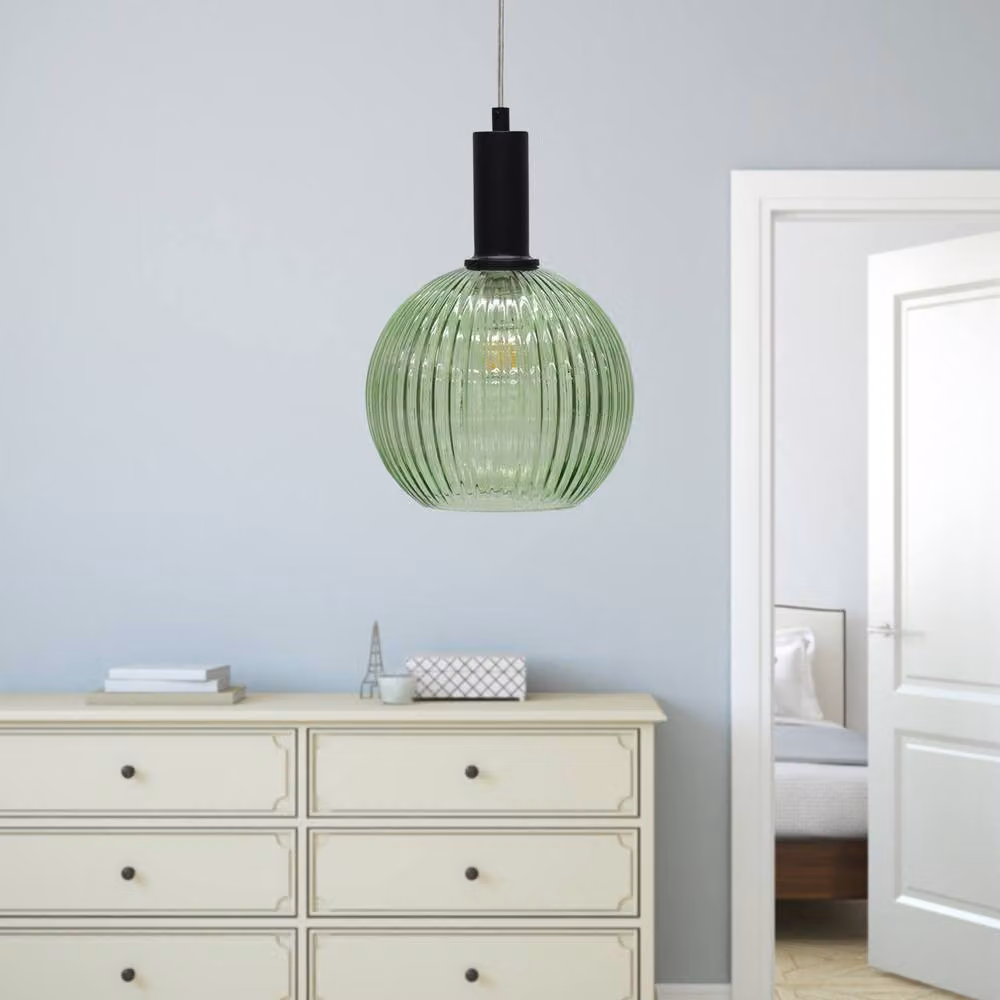 First Choice Lighting Betchley Set of 2 Green Ribbed Glass and Black Metal Deco Pendant Lights – 3