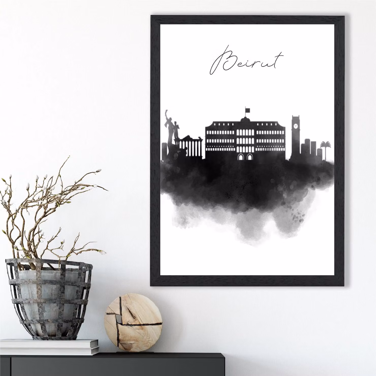 ARTZE Beirut Watercolour Skyline City Framed Print in Black – 2