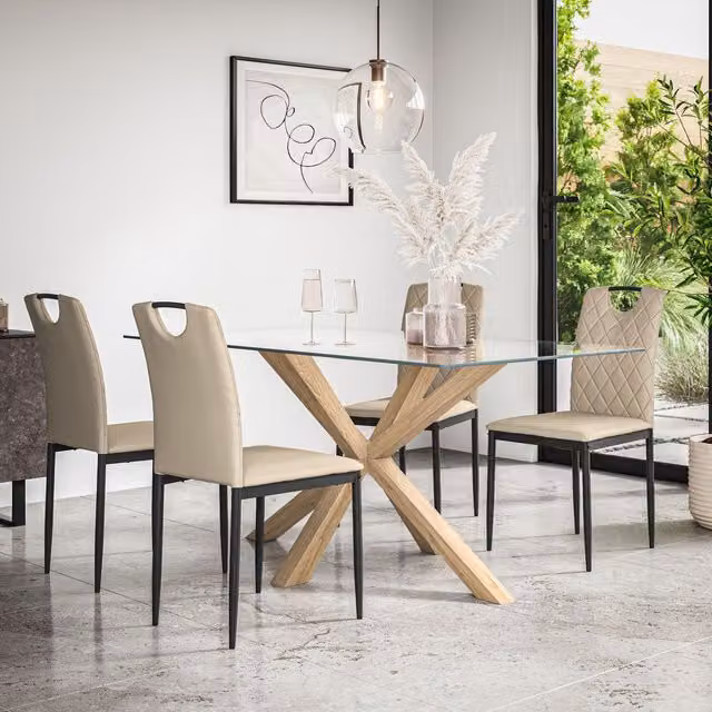 More4Homes Etta Glass Dining Table with Solid Oak Legs and 4 Monza Beige Faux Leather Dining Chairs – 1