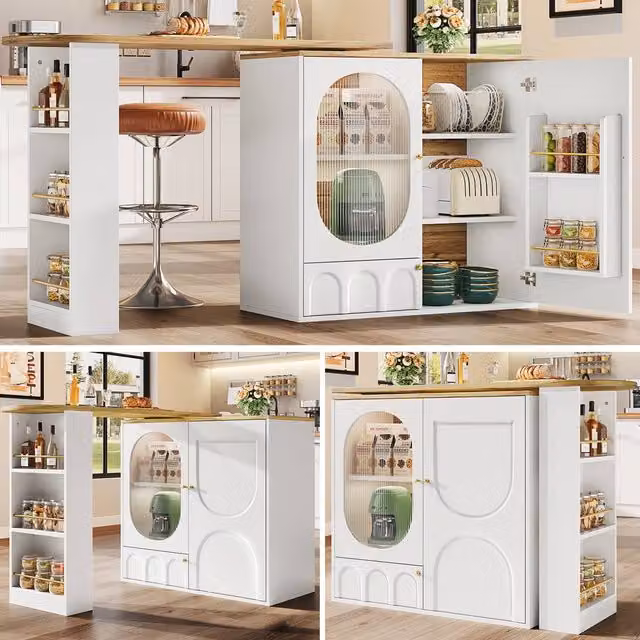 ModernLuxe Rotating Bar Cabinet with 3 Glass Doors, White, W/D/H: 105.0 x 39.0 x 39.0 cm
