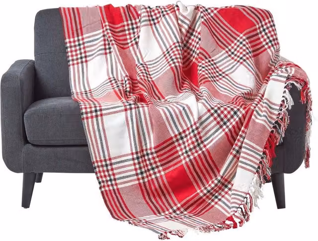 Homescapes Woven Cotton Checked Sofa and Bed Throw in Red and Grey, W/D/H: 225 x 255 cm – 1