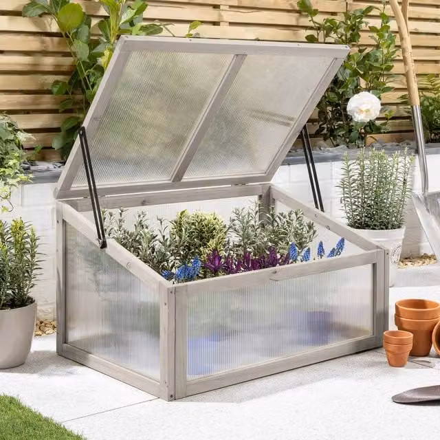 Christow Grey Wooden Cold Frame Greenhouse with Polycarbonate Panels and Hinged Lid for Vegetable Gardens – 1