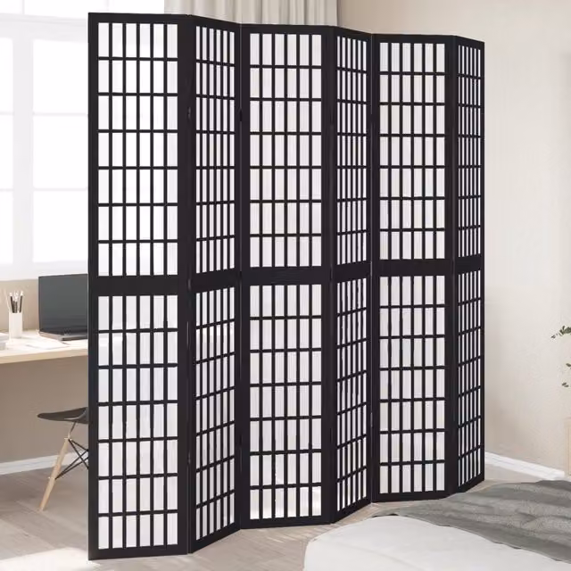 Berkfield Home 6 Panel Room Divider in Black Solid Paulownia Wood – 1