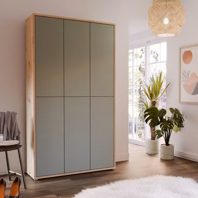 Furniture To Go Alice Springs Modern Shoe Cabinet with 6 Push-to-Open Doors in Artisan Oak and Sage Green