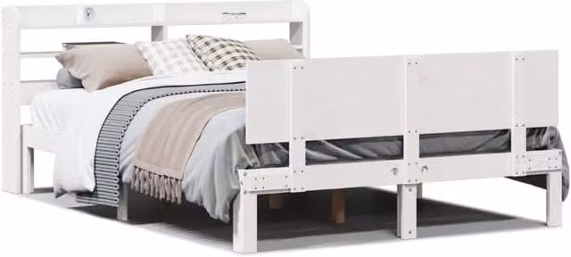 Berkfield Home White Solid Wood Double Bed Frame with Headboard and Bedside Shelves W: 135 cm, L: 190 cm