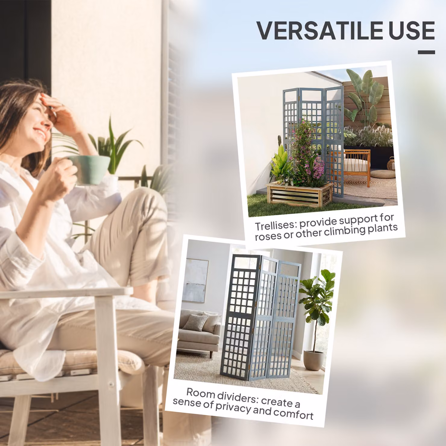 Outsunny 3-Panel Grey Wooden Garden Privacy Screen, Freestanding Foldable Outdoor Divider and Trellis, H: 170 cm, W: 120 cm, D: 3 cm – 4