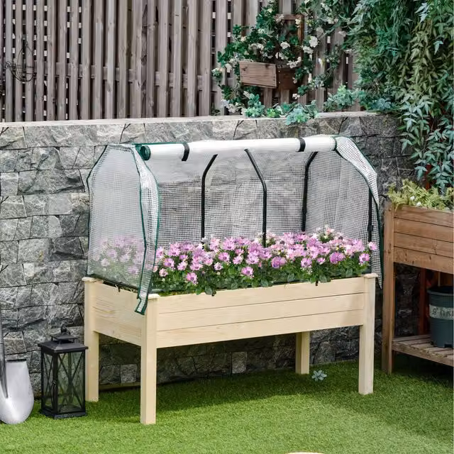 Outsunny Raised Wooden Garden Bed with PE Cover in Natural Wood Colour