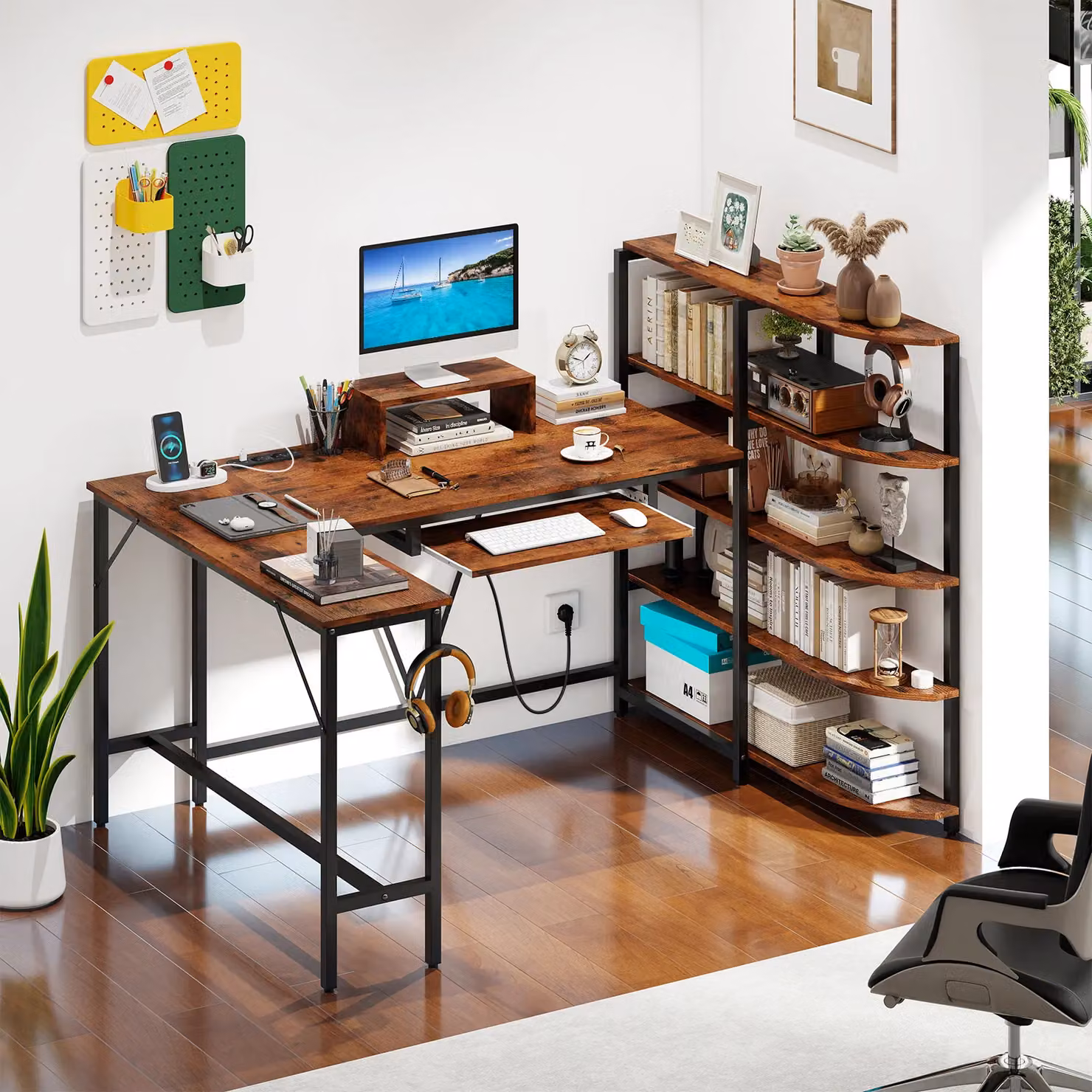 Gymax L-Shaped Corner Computer Desk with Storage Shelves in Brown – 3