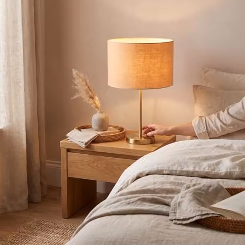 Happy Homewares Circular Textured Linen Fabric Lamp Shade in Peach and Beige, W: 30 cm, H: 20 cm – 3