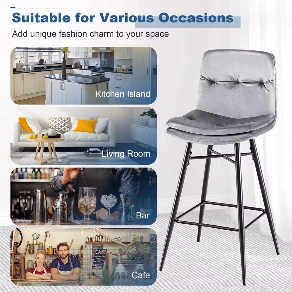 Kelvenix Grey Velvet Bar Stools with Metal Base – 3