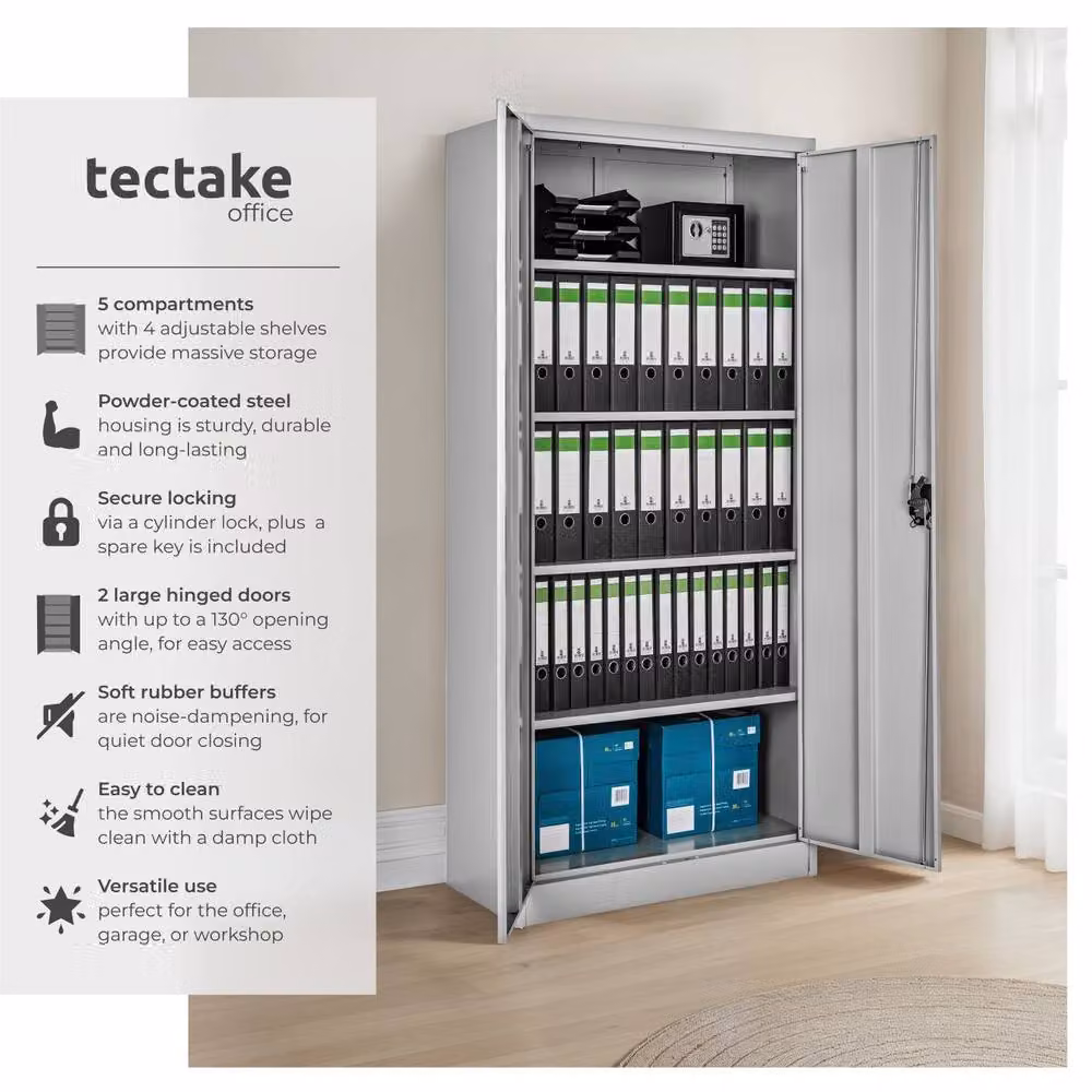tectake Blain Metal Filing Cabinet in Grey with Lockable Hinged Doors and Adjustable Shelves – 2
