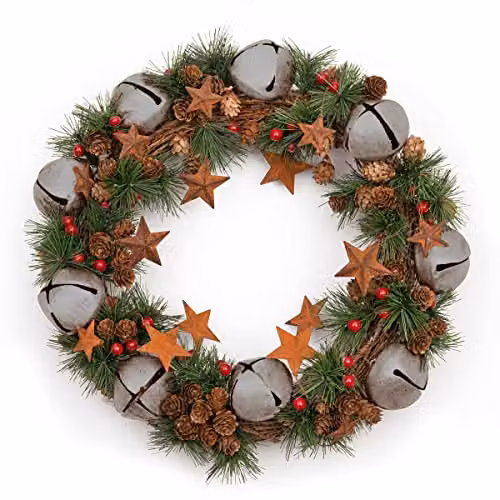 Shatchi Silver and Green Christmas Wreath with Stars and Leaves, Diameter: 40 cm – 1