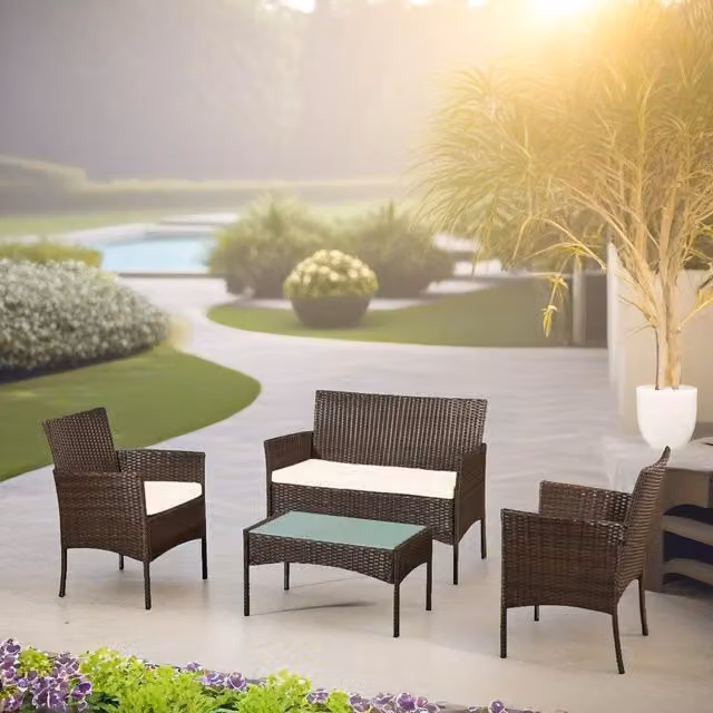 FURNOS Set of 4 Brown Polyrattan Wicker Garden Bistro Furniture Set with Glass Tabletop