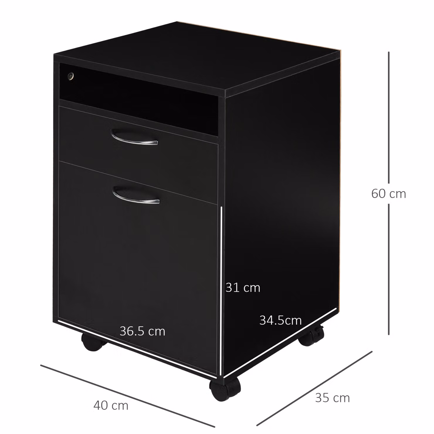 HOMCOM Mobile Storage Cabinet Office Home Organiser with Drawer, Open Shelf and Metal Handles in Black – 3
