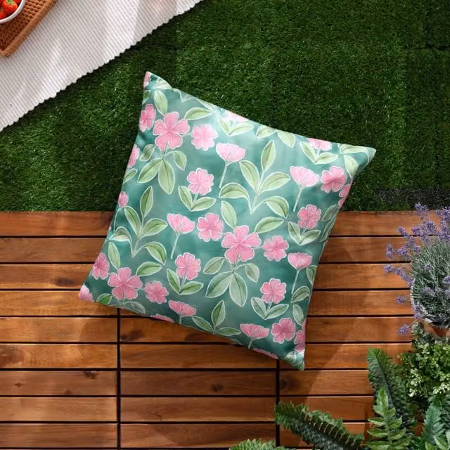 Wylder Nature Viola Printed Reversible Outdoor Polyester Filled Cushion in Blue and Pink, W/D/H: 45 x 45 x 45 cm – 1