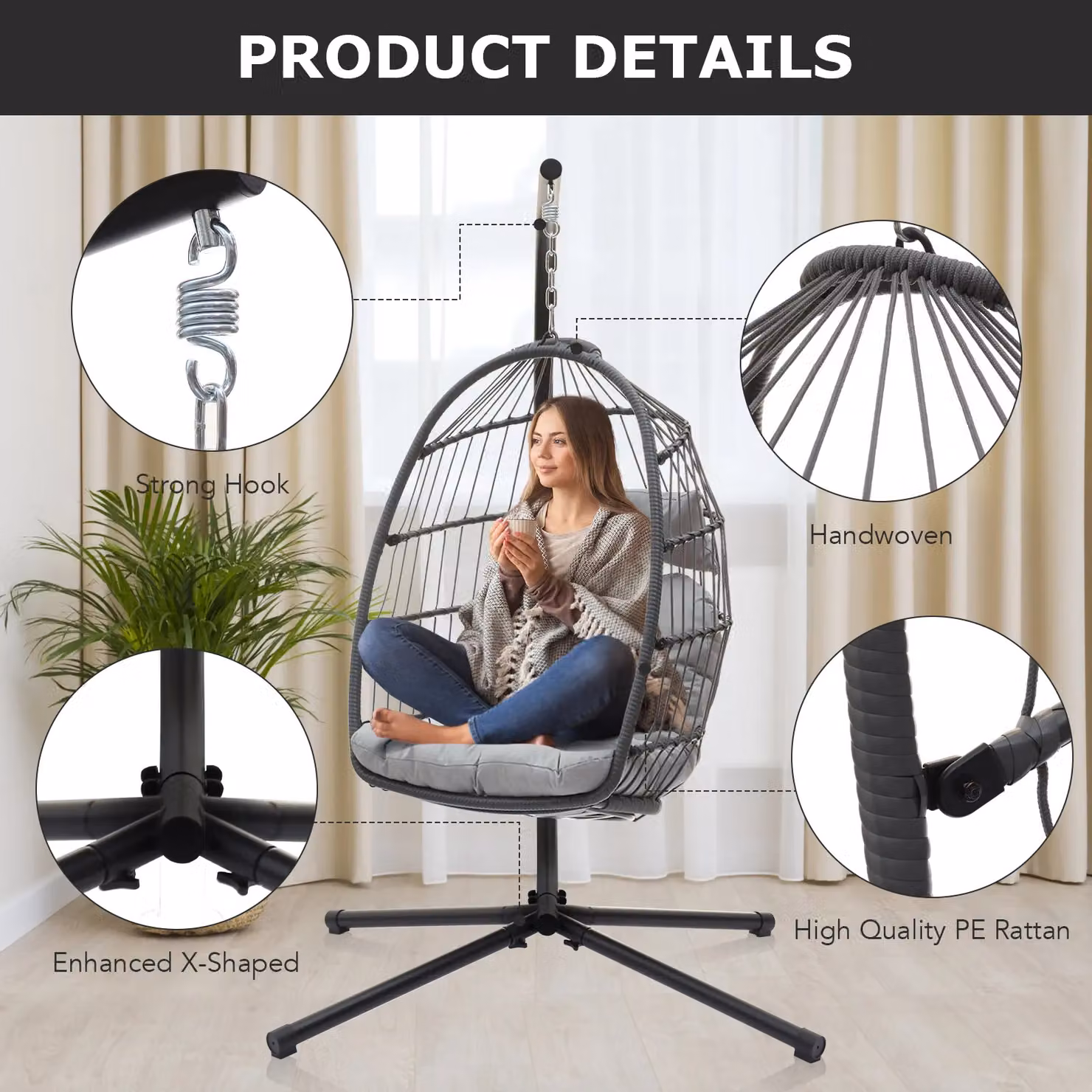 Leaper Foldable Hanging Egg Chair Swing Chair with Stand in Grey – 4