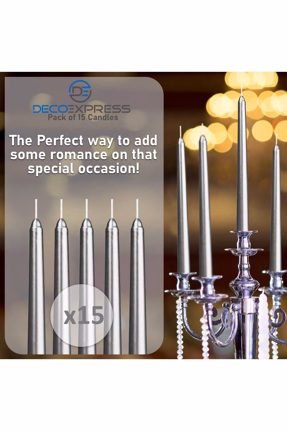 Deco Express Classic Dripless Tapered Unscented Metallic Candles in Silver, 15 Pack – 4