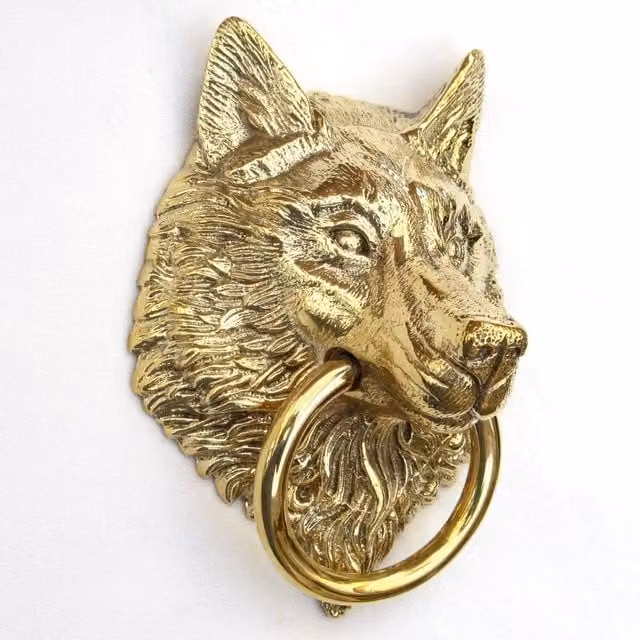 Castelion Polished Solid Brass Wolf Door Knocker in Gold