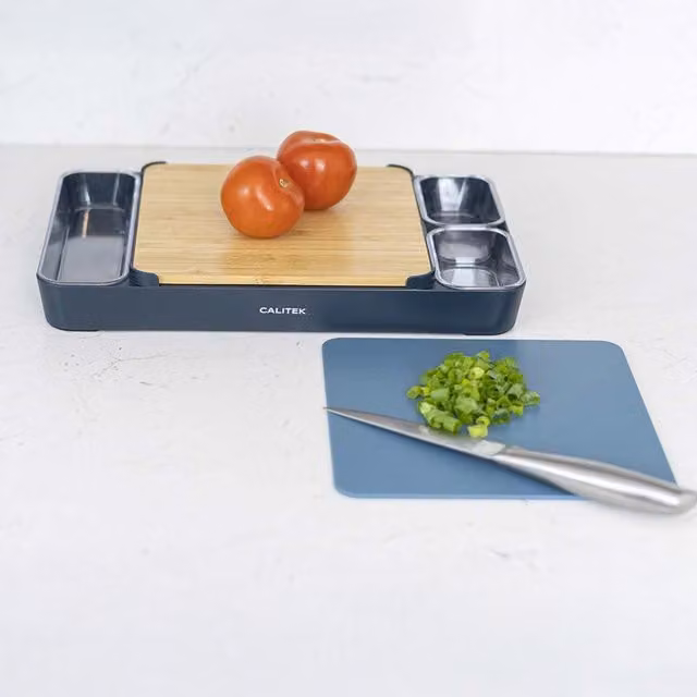 CALITEK 2-Piece Rectangular Chopping Board Set including 1 Bamboo and 1 Blue BPA-Free Plastic Board