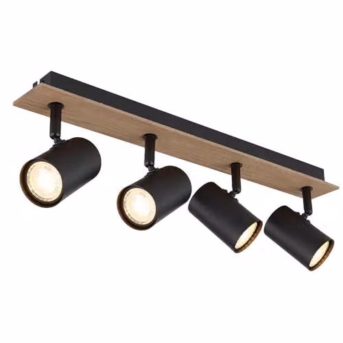 Netlighting Globo Lighting Modern Ceiling Spotlight Bar in Black and Wood with 4x GU10 Sockets, W/D/H: 50 x 6 x 15.1 cm