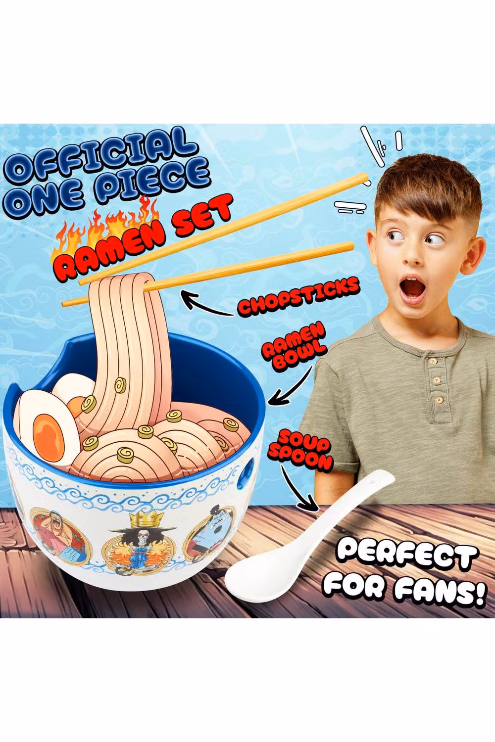 Get Trend One Piece Ramen Bowl Set in Multicolour, 600ml Ceramic Bowl with Spoon and Bamboo Chopsticks – 6