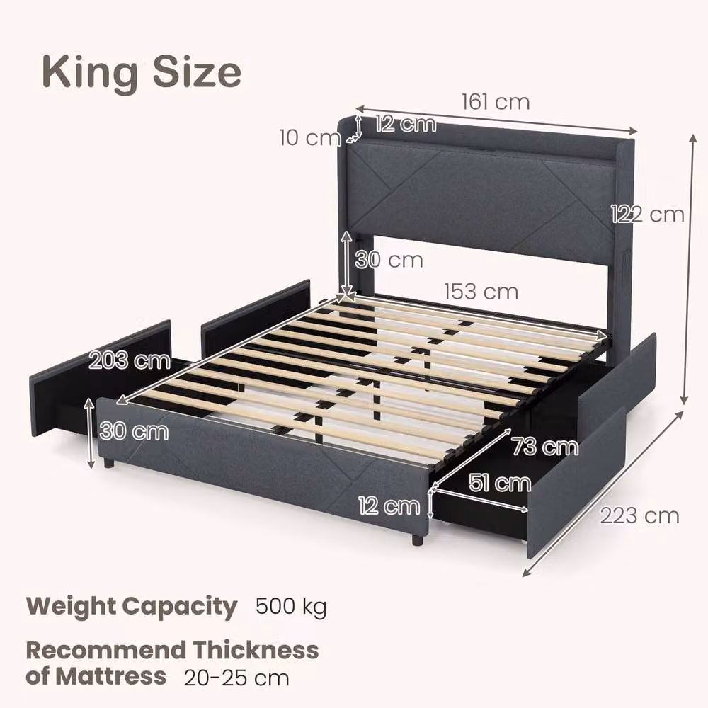 Gymax Upholstered King Size Bed Frame in Grey with LED Lights, USB Charging Port and Storage Drawers, W/D/H: 180 x 200 x 193 cm – 2