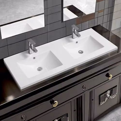 Limoge 5001 White Ceramic Double Inset Bathroom Basin with Dual Scooped Bowls, W: 121 cm, D: 46 cm, H: 27 cm