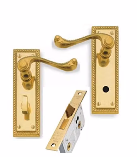 Golden Grace Georgian Lever Bathroom Door Handle with Mortise Lock, Polished Brass Gold