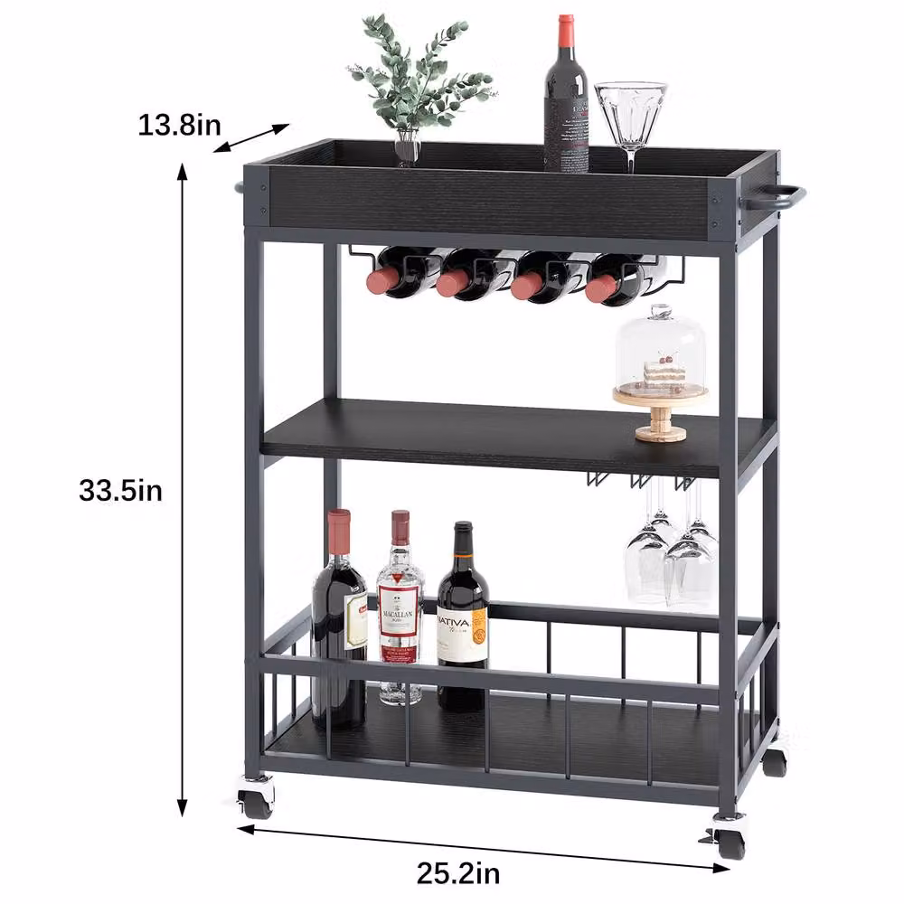 Huhote 3-Tier Bar Cart with Wine Rack and Handle Serving Trolley, Black – 7