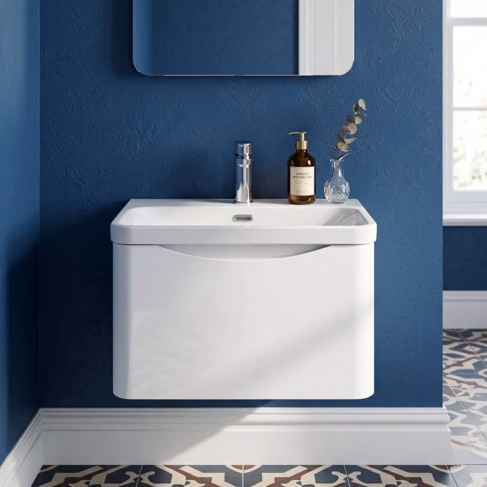 Balterley Wall Hung 1 Drawer Bathroom Vanity with Ceramic Basin, Satin White, Width: 60 cm – 4